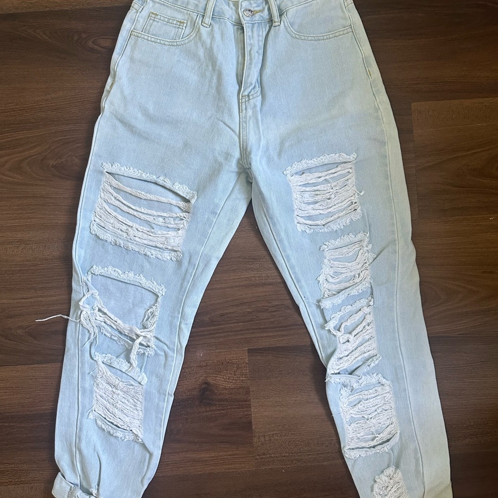 SHEIN Light Blue Ripped Boyfriend Jeans